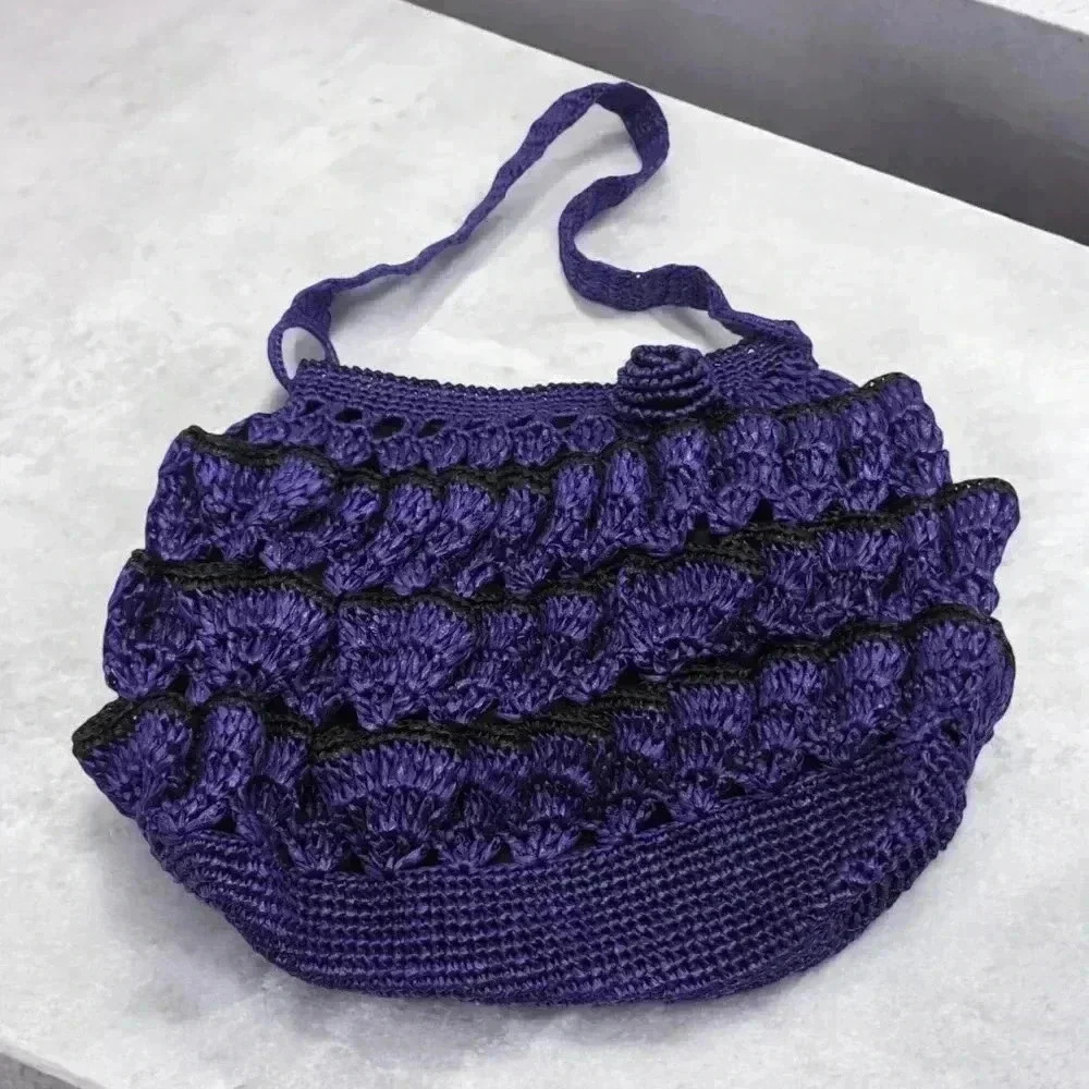 Purple Black Crochet Shoulder Bag Rose Accent Acrylic